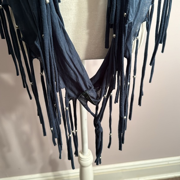 Navy blue fringe infinity endless scarf with silver beads - Picture 3 of 5